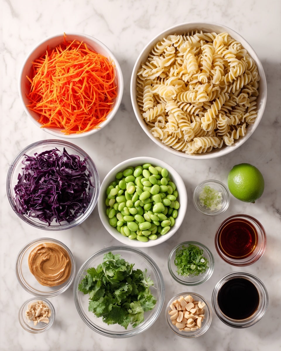The image shows several white bowls and small glass containers arranged on a white marbled surface, each filled with different ingredients. On the top left, a bowl is filled with bright orange shredded carrot, and next to it on the right, a large bowl holds pale yellow rotini pasta. Below the carrot is a bowl containing dark purple red cabbage strips. In the center, a white bowl is filled with bright green edamame beans. To the right of that, a small glass bowl holds finely chopped dark green cilantro, and next to it, another bowl contains light green sliced green onion. Below these are small dishes holding creamy light brown peanut butter, dark brown soy sauce, clear water, chopped light brown peanuts, a half green lime, and two small glass bowls with dark red sriracha and chili crunch oil. The ingredients are neatly spaced and clearly visible. Photo taken with an iphone --ar 4:5 --v 7