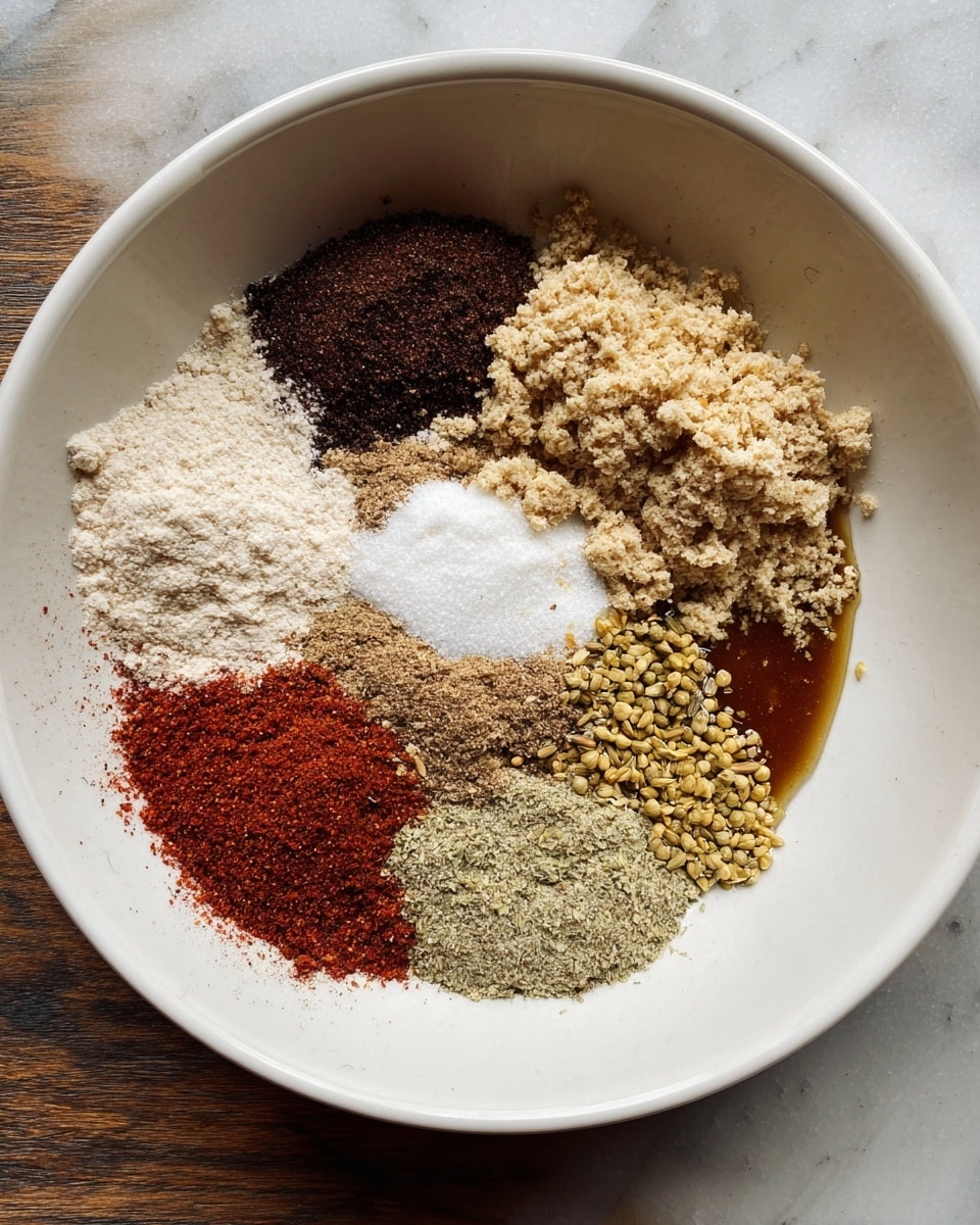 In a large white bowl, there are several layers of dry and wet ingredients arranged in separate sections. Starting from the top left, there is a dark brown powder, next to it a white flour-like powder placed in the center, and to the right, a layer of light beige, crumbly texture. Below these, there is a rough light brown layer that appears to be minced or ground. Scattered near the middle right are yellowish seeds, with a dark brown liquid pooling below them. At the bottom left, there is a pile of red powder, and next to it, some lighter powdered spices in beige and light greenish hues. The bowl sits on a white marbled surface. photo taken with an iphone --ar 4:5 --v 7