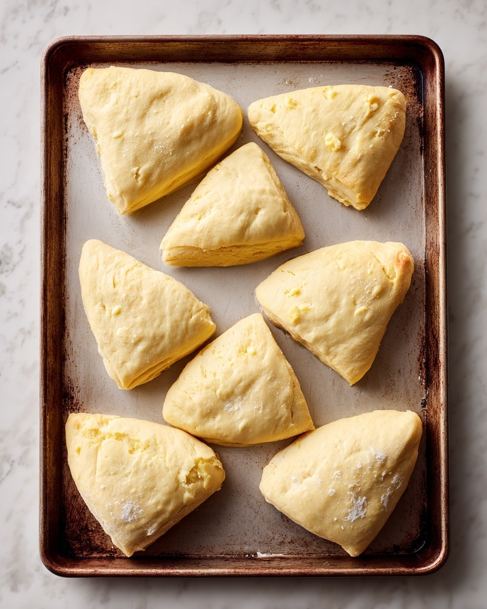 There is a rectangular baking tray placed on a white marbled surface. On the tray, there are eight pieces of dough, all shaped like thick wedges or triangles. The dough pieces have a pale yellow color with some small white spots that look like flour. The texture of the dough is smooth but slightly uneven, showing some rough edges and soft lumps. The tray has a worn brown metal look with some dark marks from use. The dough pieces are arranged in two rows, with four pieces in each row, spaced evenly apart. photo taken with an iphone --ar 4:5 --v 7