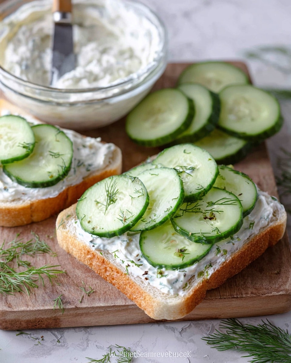 The image shows four small rectangular sandwiches arranged neatly on a white marbled surface. Each sandwich has three layers: the top and bottom layers are soft, white bread with a fluffy texture. The middle layer contains thin, light green cucumber slices and a creamy white spread mixed with small bits of green herbs. Around the sandwiches, there are a few loose cucumber slices and small scattered green herbs. The lighting highlights the fresh and clean look of the sandwiches, making them appear fresh and light. photo taken with an iphone --ar 4:5 --v 7