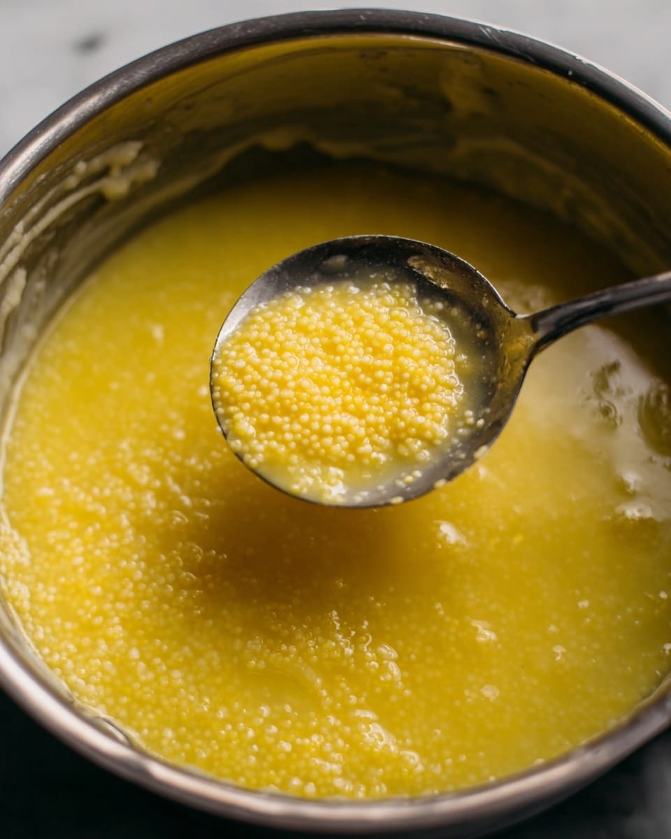 A close-up view inside a silver pot shows a thick yellow mixture of small round grains being stirred with a shiny metal spoon. The grains look soft and wet, surrounded by a slightly translucent yellow liquid. The spoon is lifting a mound of the grains from the bottom center of the pot. The pot edges are slightly worn, with some remnants of the mixture around the sides. The background is unseen but implied to be a white marbled texture. photo taken with an iphone --ar 4:5 --v 7