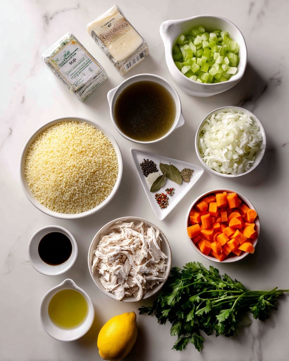 A top-down view of an arrangement of ingredients on a white marbled surface: a large white bowl of yellow pastina positioned bottom left, a white bowl with shredded white chicken placed center bottom, a white bowl of finely chopped white onion near the middle right, a white bowl of small celery pieces on the top right, and a white bowl filled with chopped orange carrots to the right of the celery. Near the top left are two cartons of chicken stock with a triangle-shaped bag of Parmesan cheese in front. A small white dish in the center holds an assortment of spices including bay leaves and green herbs. Below the pastina bowl, a small dark cup contains oil. A bright yellow lemon lies between the onion bowl and a bunch of fresh green parsley at the bottom right. All items are clearly labeled with bold black text. Photo taken with an iphone --ar 4:5 --v 7