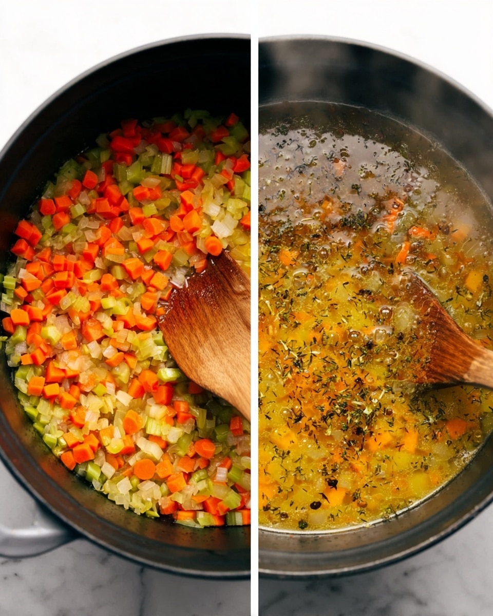 The image shows two side-by-side views inside a black pot on a white marbled surface. On the left, there is a mixture of small chopped vegetables including bright orange carrots, pale green celery, and translucent cooked onions with a wooden spoon stirring them, adding texture and warmth. On the right, the pot contains a bubbling broth with the same vegetables floating in a golden-yellow liquid, speckled with black herbs. The wooden spoon is partly submerged in the soup, showing the mix of ingredients blending together. The scene captures the cooking process with steam rising gently from the pot. Photo taken with an iphone --ar 4:5 --v 7
