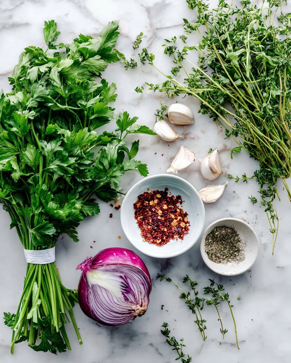 This image shows fresh ingredients spread on a white marbled surface. On the left, a large bunch of green parsley with long stems lies flat. Above it is a bunch of green cilantro tied with a white strip. Near the center at the bottom is half a purple-red onion with white and purple rings visible inside. To the right of the onion, there are several garlic cloves, some still partially wrapped in their thin white skin. Above the garlic, there is a small white bowl filled with red chili flakes scattered around it. To the right of that bowl, small sprigs of green thyme are spread out. Lastly, on the far right side, two small white bowls hold coarse salt and ground black pepper. The arrangement is natural and bright. Photo taken with an iphone --ar 4:5 --v 7