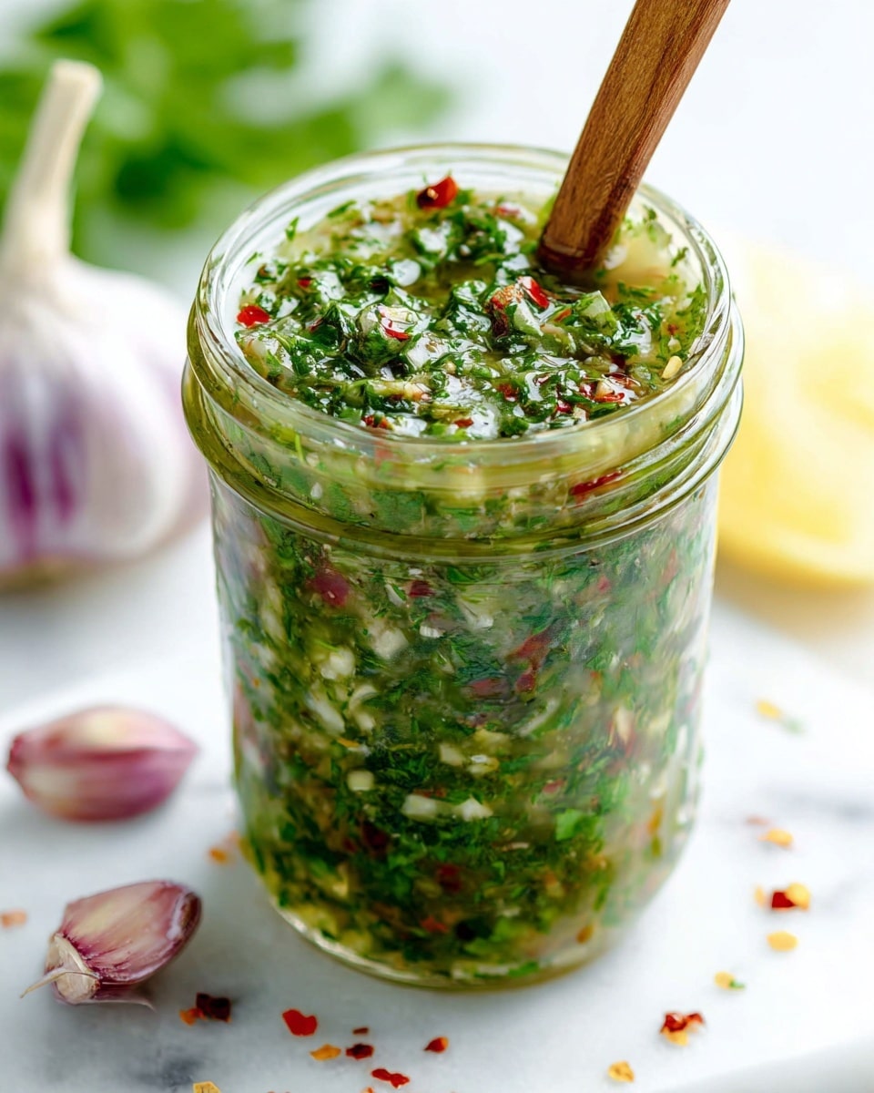 A close-up view of a tall clear glass jar filled with a chunky green sauce made of finely chopped herbs and spices, showing small bits of red and white throughout. A wooden stick is partly dipped into the jar from the top right side. The jar sits on a white marbled surface with scattered small pieces of red pepper flakes and purple onion near it, alongside a peeled bulb of garlic and a sliced lemon partly visible in the background. The image has a light, fresh feel with a blurred green background. photo taken with an iphone --ar 4:5 --v 7
