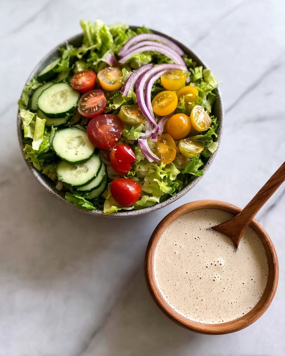 A salad with three layers inside a bowl: the bottom layer is green leafy lettuce, the middle layer has red and yellow small cherry tomatoes cut in half, and the top layer has sliced cucumber pieces and thin slices of purple onion, all mixed together. Next to the salad is a bowl filled with a creamy beige dressing with bubbles on the surface, and a wooden spoon inside the bowl. Both bowls are placed on a white marbled surface. photo taken with an iphone --ar 4:5 --v 7