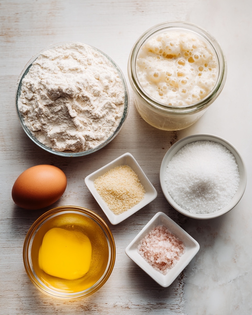 A clear glass measuring cup filled with warm water sits on a light wooden surface. Next to it, a tall clear glass jar holds bubbly sourdough starter with a creamy, foamy texture. To the right, a small clear glass bowl is piled high with white bread flour, showing a fine powdery texture. In the front row, a clear round bowl contains melted yellow butter with small bubbles on top. Beside it are four white square bowls: one filled with small pale instant yeast granules, one with golden honey shiny and smooth, and another with fine pink salt grains. A single large brown egg is placed in the middle of these bowls. The entire setup is on a white marbled surface. photo taken with an iphone --ar 4:5 --v 7