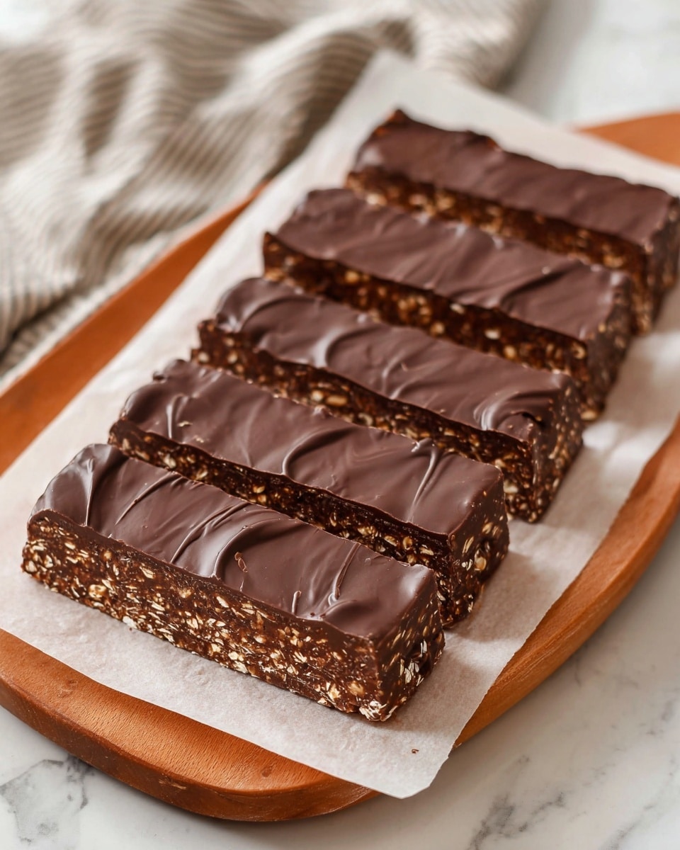 The image shows five rectangular chocolate bars, neatly lined up on white parchment paper placed on a wooden board. Each bar has two layers: the top layer is a smooth, shiny dark chocolate coating with some gentle swirls, while the bottom layer is a coarse, textured mix of oats and chocolate chips giving a slightly grainy look with small dots of lighter oat pieces. The bars are cut evenly, and the edges show the inner grainy texture clearly. The background features a white marbled surface and a striped cloth in the upper left corner. Photo taken with an iphone --ar 4:5 --v 7