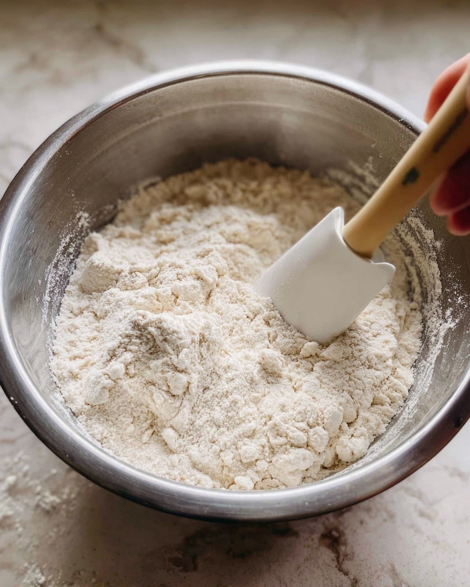 A metal mixing bowl filled with dry white flour, showing a slightly uneven surface with small lumps. A white spatula with a beige handle is partly buried in the flour, angled from the right side of the image, held by a woman's hand with only fingers visible at the edge. The bowl sits on a white marbled surface, and the background is softly blurred, focusing attention on the flour and spatula. photo taken with an iphone --ar 4:5 --v 7