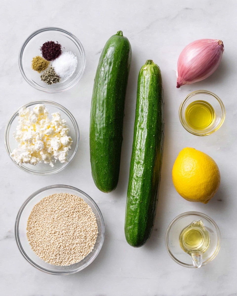 Two long green cucumbers are placed side by side on a white marbled surface. To their right are a single yellow lemon and a small pink shallot arranged vertically. Above these is a clear glass bowl with three different ground spices in separate piles: black, burgundy, and green. Below the lemon is a clear glass bowl with white crumbly cheese. To the left of this cheese bowl is another clear glass bowl filled with white coarse salt. Below all these bowls is a larger clear glass bowl filled with small pale beige sesame seeds. On the far right is a small clear glass bottle of light yellow oil with a dropper top. The whole setup is neat and bright, with the colors contrasting on the white marbled surface, photo taken with an iphone --ar 4:5 --v 7