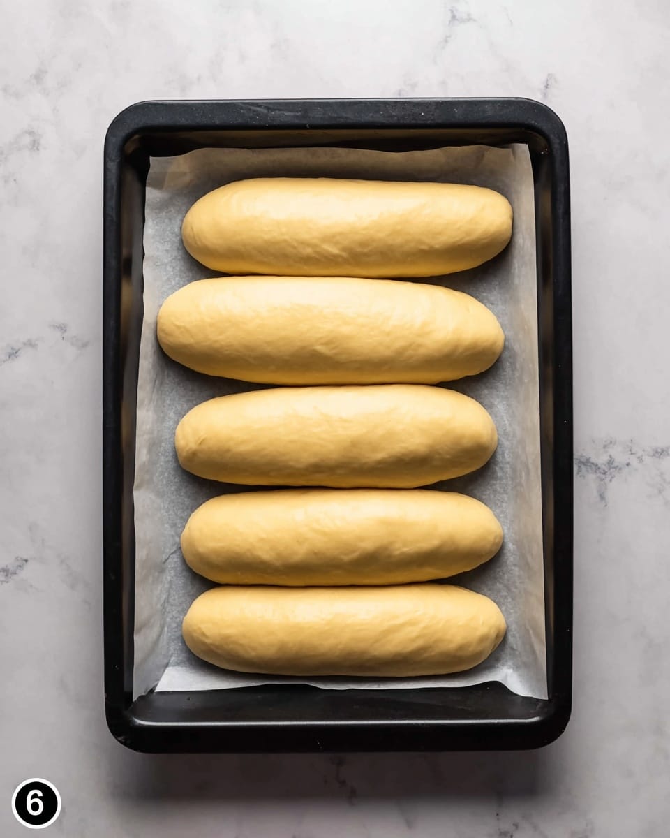 The image shows a black baking tray lined with white parchment paper, placed on a white marbled surface. On the tray, there are five long, smooth, and pale yellow dough pieces arranged parallel to each other in a single layer. The dough pieces look soft and slightly shiny, each having a uniform shape with rounded ends. The photo is bright and taken from above, capturing the clear details of the dough and tray. Photo taken with an iphone --ar 4:5 --v 7
