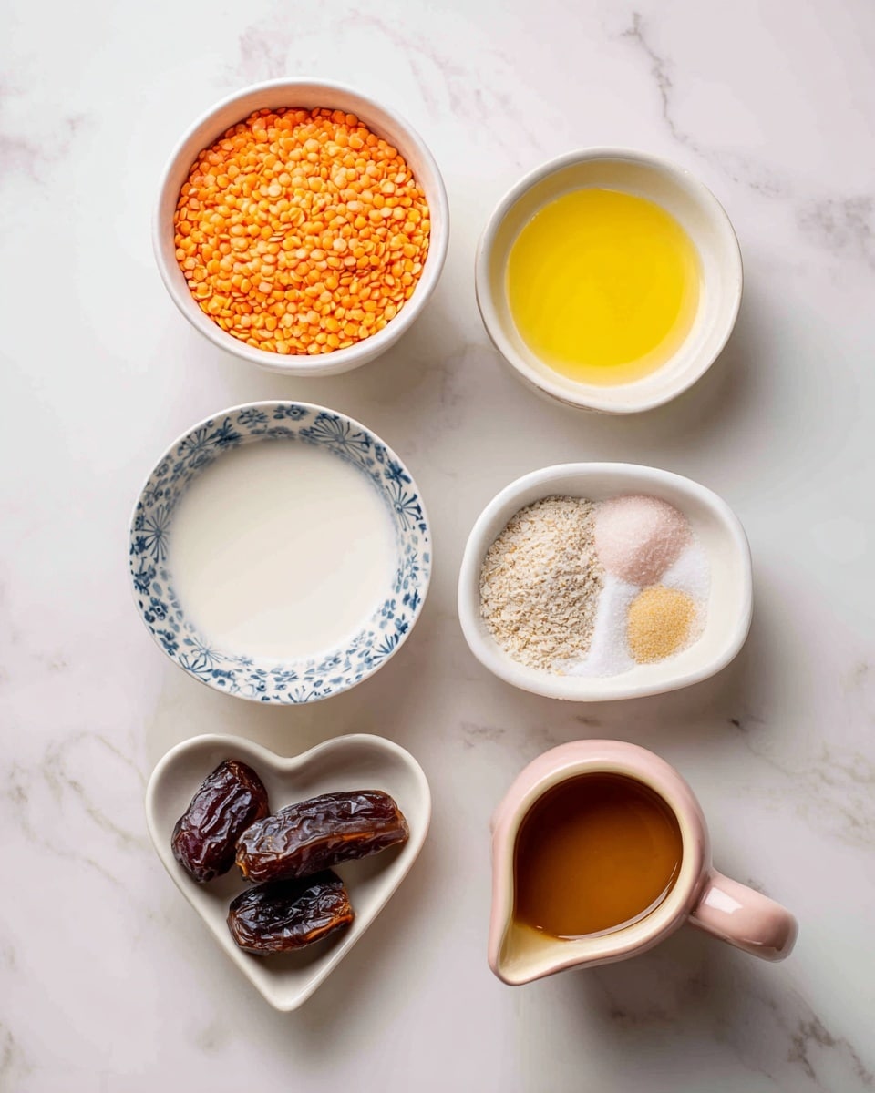 The image shows six small white containers with different ingredients placed on a white marbled surface. At the top left, a white cup is filled with bright orange-red lentils, while to its right, a small white bowl holds light yellow lemon juice. Below the lentils, there is a white bowl with a blue rim filled with a white dairy-free milk. On the right side, a white triangular bowl contains a small pile of baking soda, powder, and salt with white and light pink colors. At the bottom left, a heart-shaped white bowl has dark brown dates inside. On the bottom right, a small white cup with a pale pink handle holds light brown vanilla extract. Each bowl and cup is neatly arranged with a small space between them, and text labels appear next to each one. photo taken with an iphone --ar 4:5 --v 7