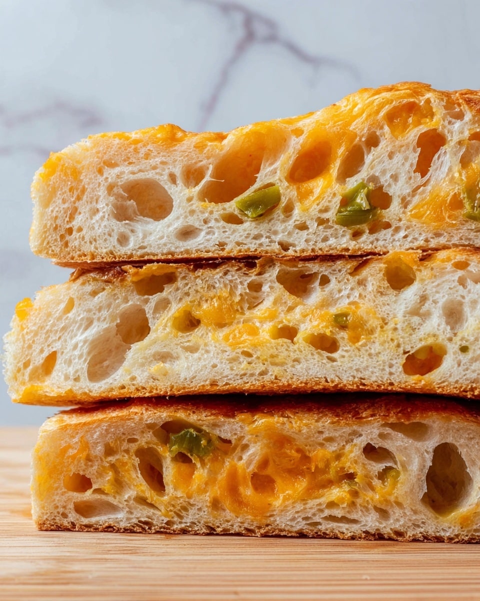 A close-up view of a stack of three thick slices of airy, soft white bread with large holes, each slice showing a melted layer of orange cheese with smooth, slightly oily texture and bits of green peppers embedded inside. The bread has a light golden crust on top and the inside looks fluffy. The stack sits on a light wooden surface with a white marbled background. photo taken with an iphone --ar 4:5 --v 7
