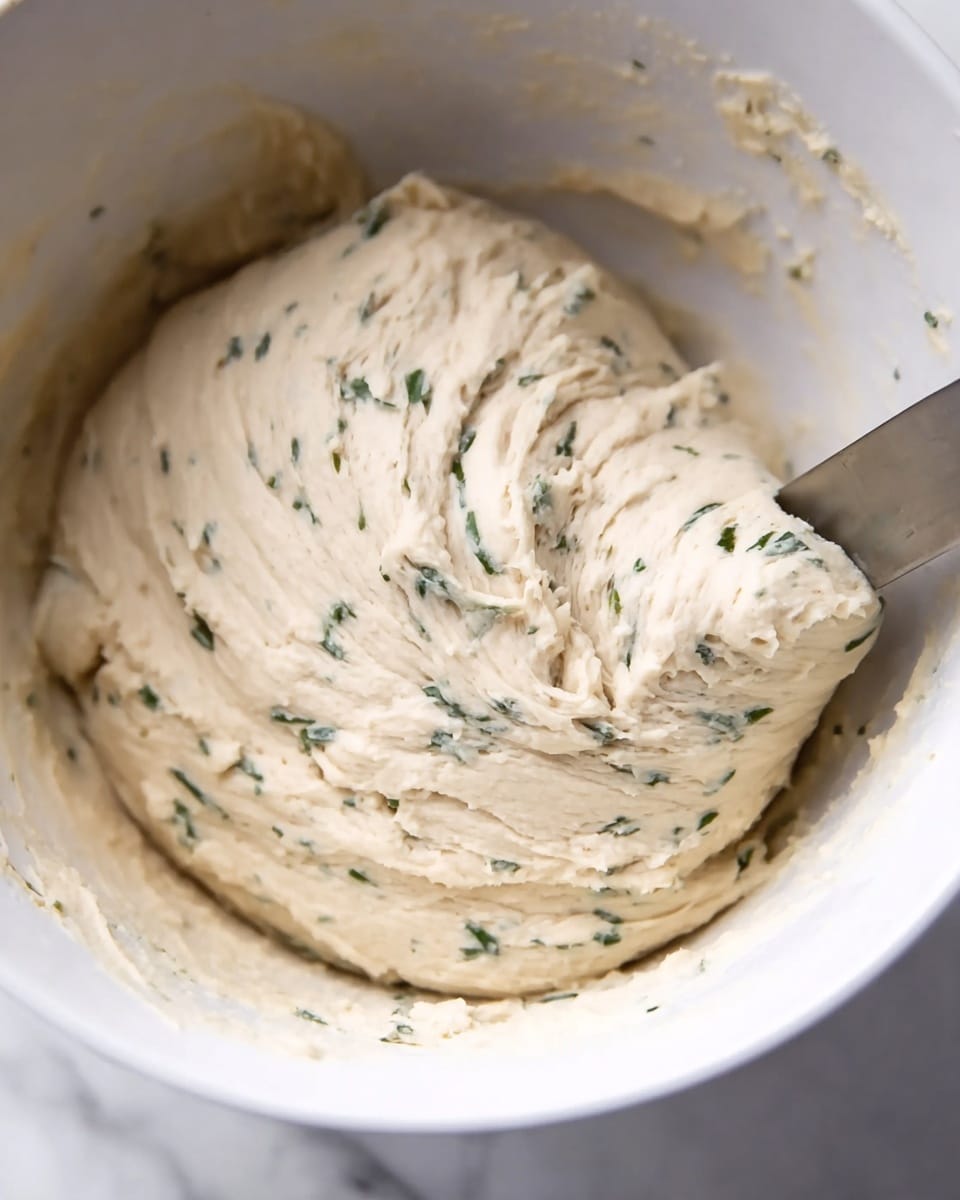 The image shows a close-up of soft, light beige dough with small green herb bits mixed inside, resting inside a white bowl. The dough looks sticky and smooth with some texture from the herbs, and it fills most of the bowl. A metal tool is partially visible, stirring or folding the dough on the bottom right side. The background is a white marbled surface. photo taken with an iphone --ar 4:5 --v 7