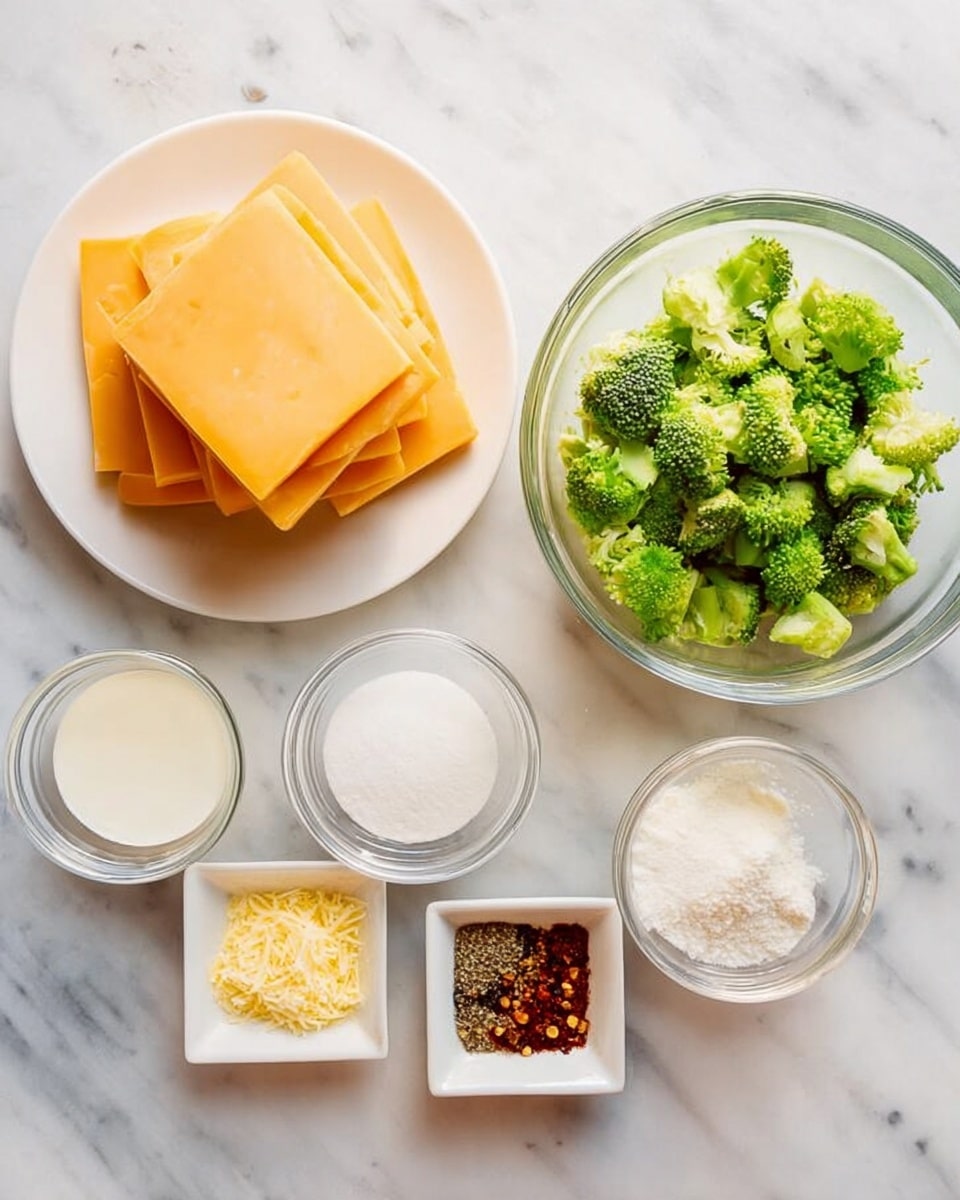 The image shows six separate items arranged on a white marbled surface. There are three square slices of orange cheese stacked on a white plate on the left side. In the middle is a clear glass bowl filled with chopped green broccoli. Surrounding the bowl are four small clear glass bowls containing different white and yellow powders and white liquid, and a small white square plate holds a mix of red, black, and brown spices. The colors are bright and the arrangement is neat, with the textures of cheese smooth, broccoli chunky, and powders fine. Photo taken with an iphone --ar 4:5 --v 7
