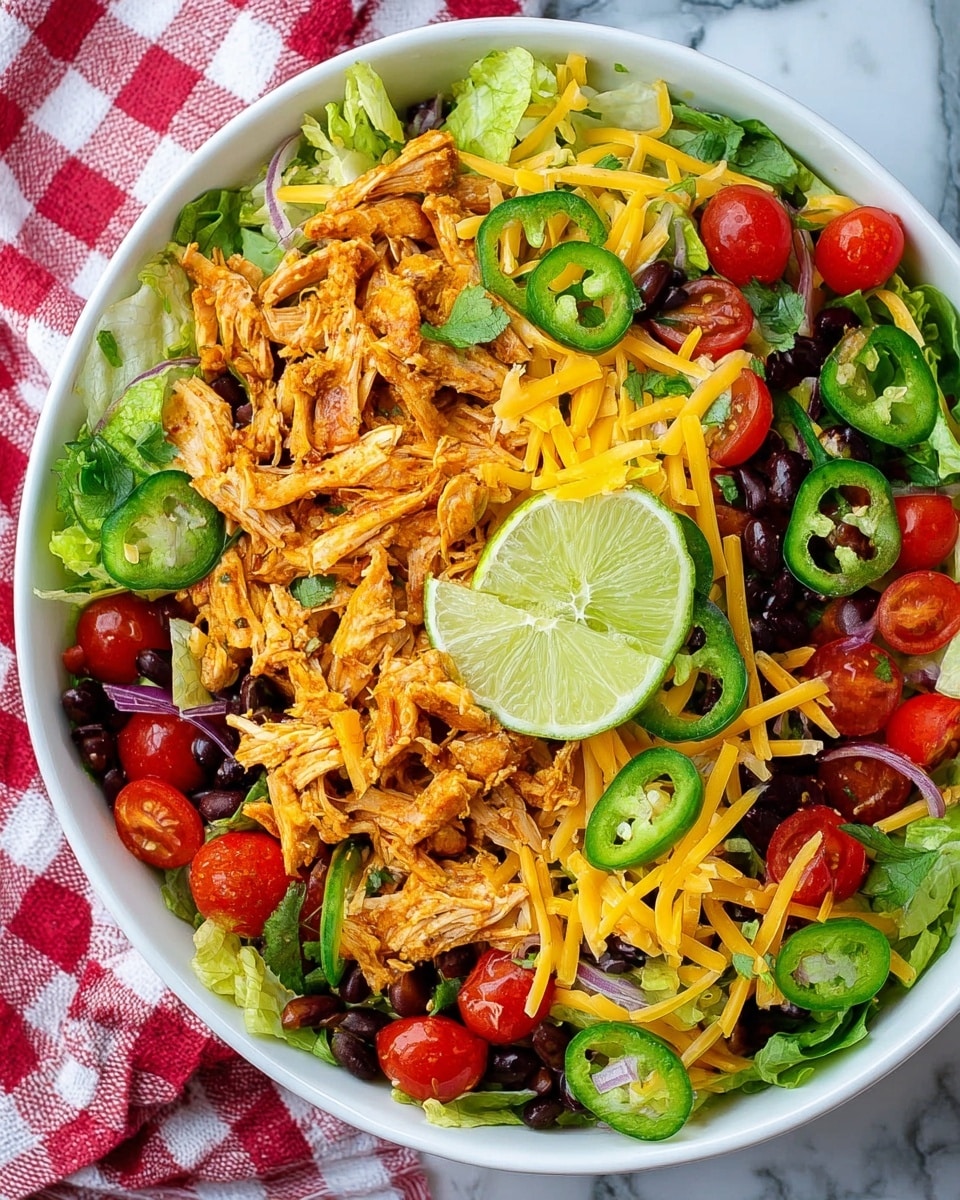 In a white bowl on a white marbled surface, there is a colorful salad with several layers. The bottom layer shows chopped green lettuce, topped with pieces of shredded orange chicken spread evenly. Scattered over the chicken are thin slices of green jalapeño peppers, showing white seeds inside. There is a mix of shredded yellow and white cheese sprinkled across the top. A few black beans and small pieces of red tomato add more color. On the side of the bowl, there are two lime wedges. A woman's hand holds a wooden fork, lifting some of the chicken and jalapeño slices from the bowl. The image is close-up, showing clear textures of the shredded chicken and fresh vegetables photo taken with an iphone --ar 4:5 --v 7