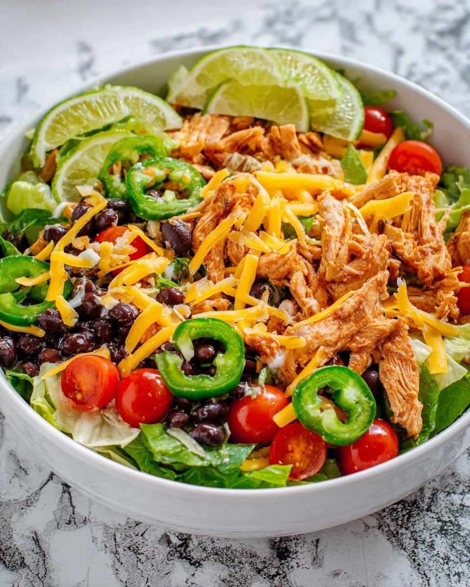 A large white bowl filled with a colorful layered salad starting with a base of green leafy lettuce, topped with pieces of shredded orange chicken spread evenly, bright yellow shredded cheese, and thin slices of fresh green jalapeños scattered on top. Cherry tomatoes and black beans are mixed throughout the salad, adding pops of red and dark purple. Two thin round slices of lime rest in the center, adding a fresh touch. The bowl sits on a white marbled surface with part of a red and white checkered cloth visible on the side. Photo taken with an iphone --ar 4:5 --v 7