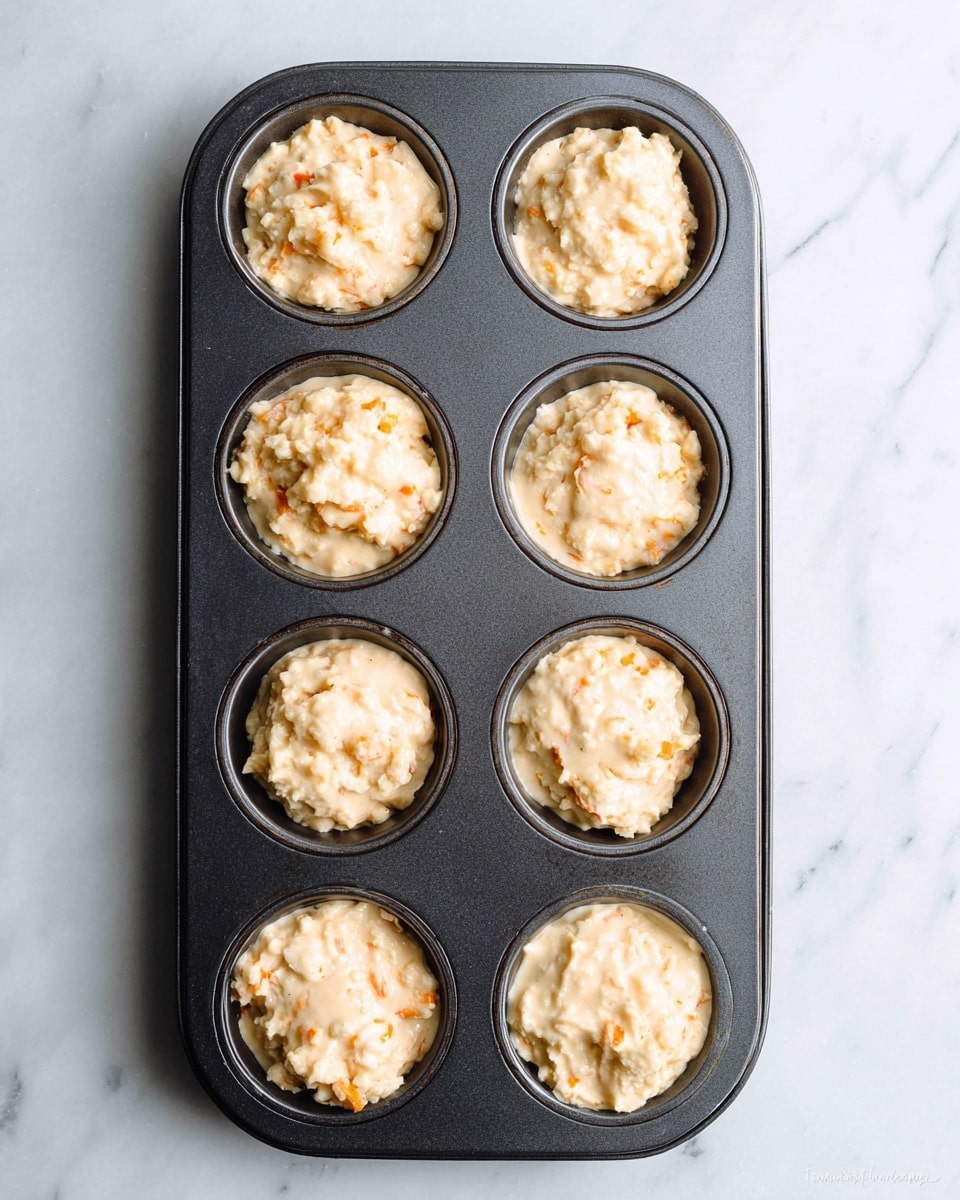A dark metal muffin tray holds eight muffin cups, each filled with a creamy, light beige batter mixed with small orange bits, giving a textured and slightly lumpy appearance. The batter is piled just above the rim of each cup in uneven, soft mounds. The tray is placed on a white marbled surface that is smooth and clean, providing a bright contrast to the dark tray. The image shows a top-down view with all muffin cups evenly spaced and filled. Photo taken with an iphone --ar 4:5 --v 7