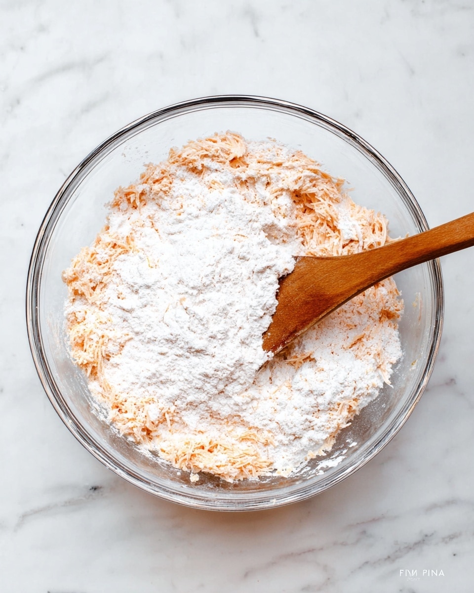 A clear glass bowl holds a mixture of light orange shredded pieces layered with a thick dusting of white powder on top, covering most of the surface. A wooden spoon with a smooth texture is partially buried inside the mixture toward the left side of the bowl. The bowl sits on a white marbled surface with soft grey veins. The overall look is bright and clean with a focus on the light colors and textures of the mixed ingredients. photo taken with an iphone --ar 4:5 --v 7