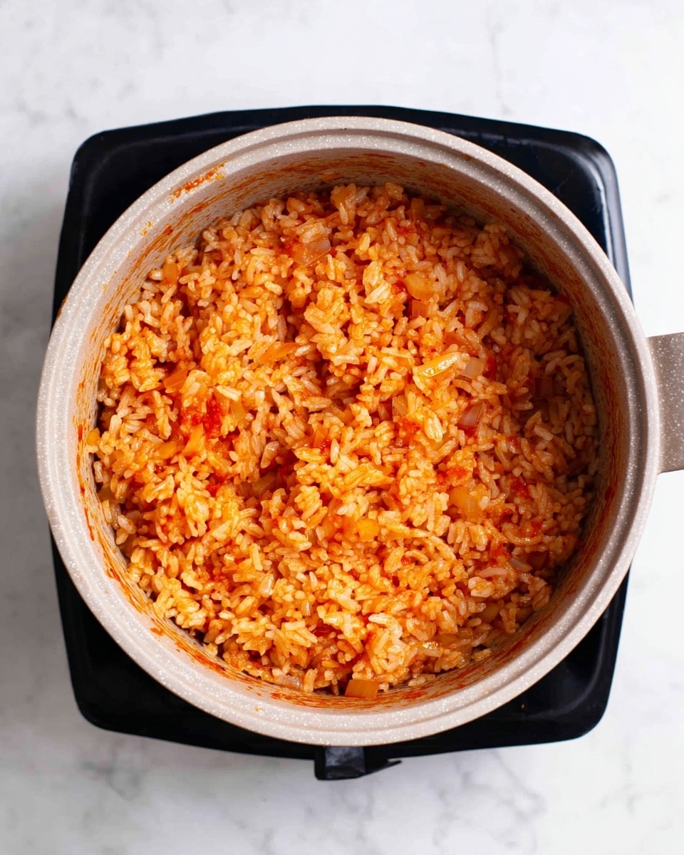 A round, light gray pot filled with cooked rice mixed with a red sauce sits on a black electric stove. The rice is orange-red with small pieces of cooked onions mixed in, creating a textured, uneven surface. The pot's interior shows some sauce stains along the sides, and the pot is centered on a white marbled surface. photo taken with an iphone --ar 4:5 --v 7