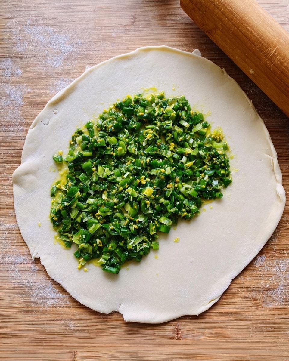 A large, round, thin layer of pale dough is spread out on a light wooden surface with a rolling pin on the right side. On the bottom half of the dough, there is a dense layer of finely chopped bright green vegetables, possibly scallions or chives, with some yellow oil visible underneath. The dough edges appear uneven but smooth. Photo taken with an iphone --ar 4:5 --v 7