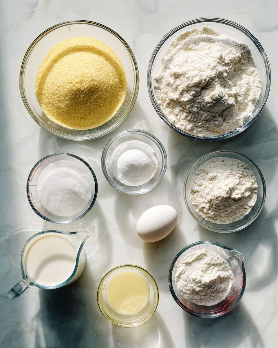 A white marbled surface with seven clear glass bowls and measuring cups arranged neatly with ingredients for baking. There is a bowl with yellow cornmeal in the center top, a larger bowl with white flour to the right, and a bowl with white sugar below the cornmeal. To the left of the sugar is a measuring cup with white milk, and above that are two small bowls containing white salt and baking powder. To the right of the flour is a measuring cup with a light yellow liquid, and below that is a small bowl holding a single white egg. The light and shadows show a soft, natural setting. Photo taken with an iphone --ar 4:5 --v 7