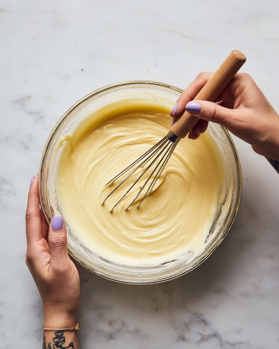 A clear glass bowl sits on a white marbled surface filled with smooth, pale yellow batter with a light creamy texture. A woman's hand holding a whisk with a wooden handle is mixing the batter in the center of the bowl. The hand has purple-painted nails and light tattoos on the wrist and fingers, adding detail. The bowl is round and deep, with some batter sticking slightly to the sides. The scene is well-lit, showing the glossy batter and the shiny surface of the whisk photo taken with an iphone --ar 4:5 --v 7