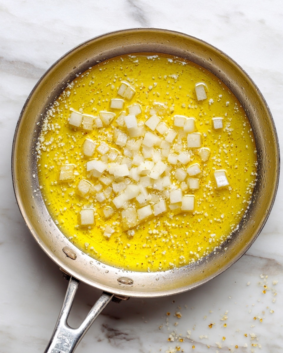 A silver pan filled with a thin layer of yellow oil, with small white cubes and tiny chopped pieces spread evenly throughout the oil in the pan, all placed on a white marbled surface photo taken with an iphone --ar 4:5 --v 7