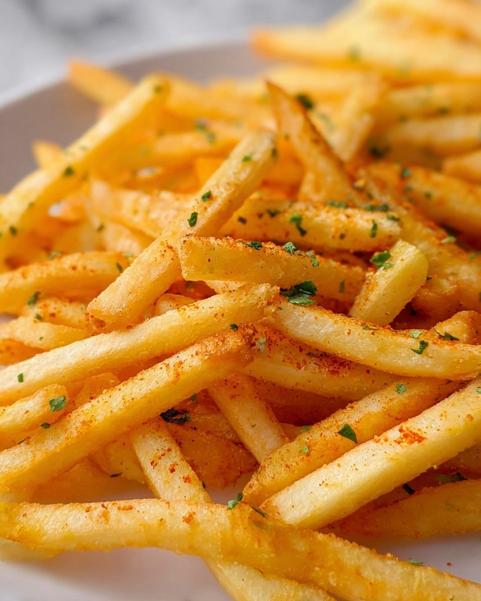 A close-up view shows a pile of golden yellow French fries with a light crispy texture, sprinkled evenly with small green herb flakes and a fine layer of reddish seasoning powder. The fries lay scattered on a white plate, which rests on a white marbled surface. The image focuses on the fries with some blurred fries in the background, capturing the warm, inviting colors and slight roughness of the fries’ surface. photo taken with an iphone --ar 4:5 --v 7