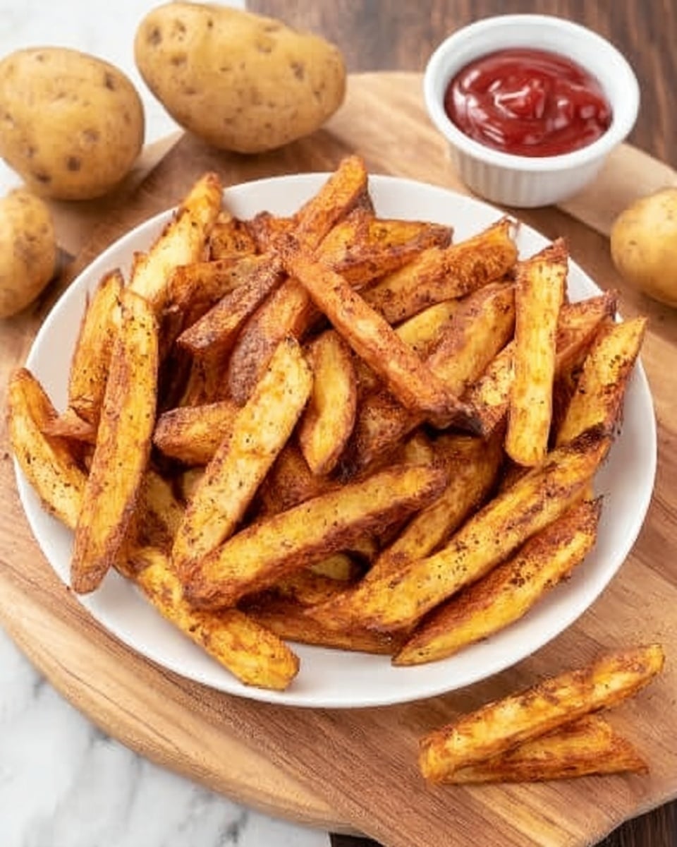 A white plate filled with many golden-brown fries, showing a mix of crispy edges and soft centers with some seasoning visible on them. The fries are thick and uneven in size. The plate is placed on a light wooden board, and around it, there are some whole potatoes and a white bowl filled with red ketchup. The surface beneath everything is a white marbled texture. Photo taken with an iphone --ar 4:5 --v 7