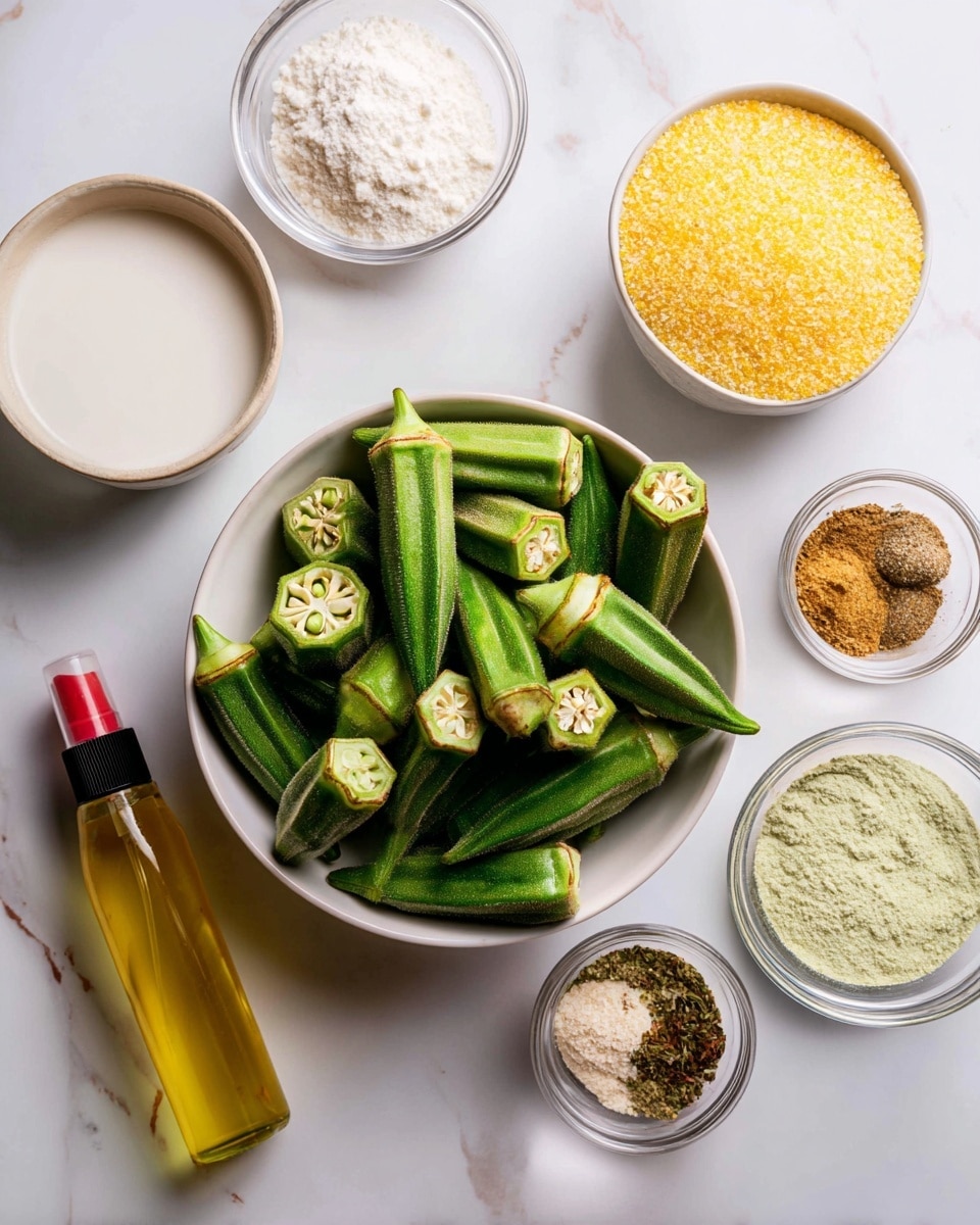 The image shows a top view of several ingredients placed on a white marbled surface. In the center, a white bowl is filled with fresh, green okra, some whole and some sliced in half, showing the seeds inside. Surrounding the bowl are small clear glass bowls with bright yellow cornmeal, white flour, and a mix of salt and pepper. Another clear bowl holds a combination of dry Italian seasoning, garlic powder, and onion powder in pale green and beige tones. A clear glass container holds creamy vegan milk, while a smaller clear bowl contains golden vinegar. At the bottom left of the image, a spray bottle with yellow oil and a black and red nozzle sits beside the bowls. The arrangement is neat and clearly labeled, with a clean and fresh look, photo taken with an iphone --ar 4:5 --v 7