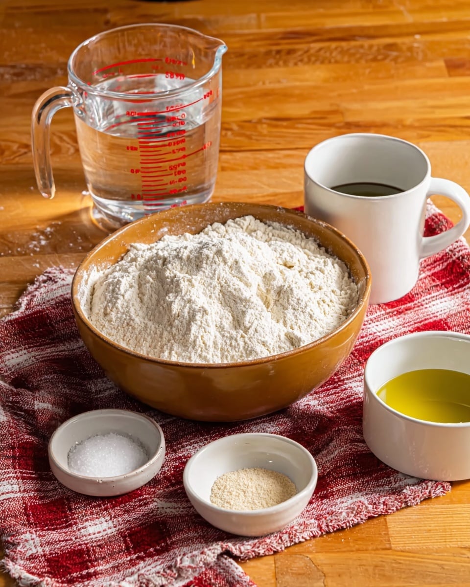 A large brown bowl filled with a heap of white flour sits on a wooden table covered partially by a red and white checkered cloth. Behind the bowl, there is a clear glass measuring cup filled with water, marked with red measurements, and a white mug. In front of the flour bowl, three small white dishes hold different ingredients: one with fine white salt, one with a light beige powder, and one with a dark green liquid. To the right, a white cup contains a yellow liquid. The setting is simple and organized, with a warm wooden texture contrasting the clean white dishes and the clear measuring cup. photo taken with an iphone --ar 4:5 --v 7