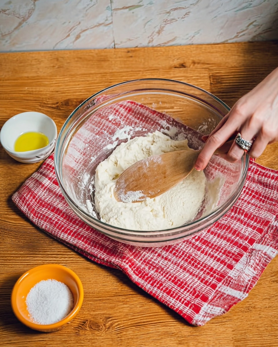 A clear glass bowl with bubbly white dough inside is placed on a red and white checkered cloth on a wooden table. A woman's hand with a silver ring is holding a wooden spatula stirring the dough in the bowl. Next to the bowl, there is a small white dish with yellow liquid and a small orange bowl filled with white salt. The background has a white marbled texture. photo taken with an iphone --ar 4:5 --v 7