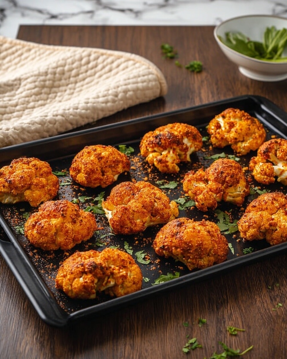The image shows a black baking tray filled with twelve pieces of roasted cauliflower, each piece covered evenly in a reddish-orange seasoning, giving them a textured and crispy look. The cauliflower pieces are arranged loosely in three rows with some green herbs sprinkled on and around them. The tray sits on a dark wooden surface, with a white marbled texture in the background. To the back left, there is a quilted cream-colored oven mitt, and to the back right, a small white bowl with some green leaves inside. Photo taken with an iphone --ar 4:5 --v 7