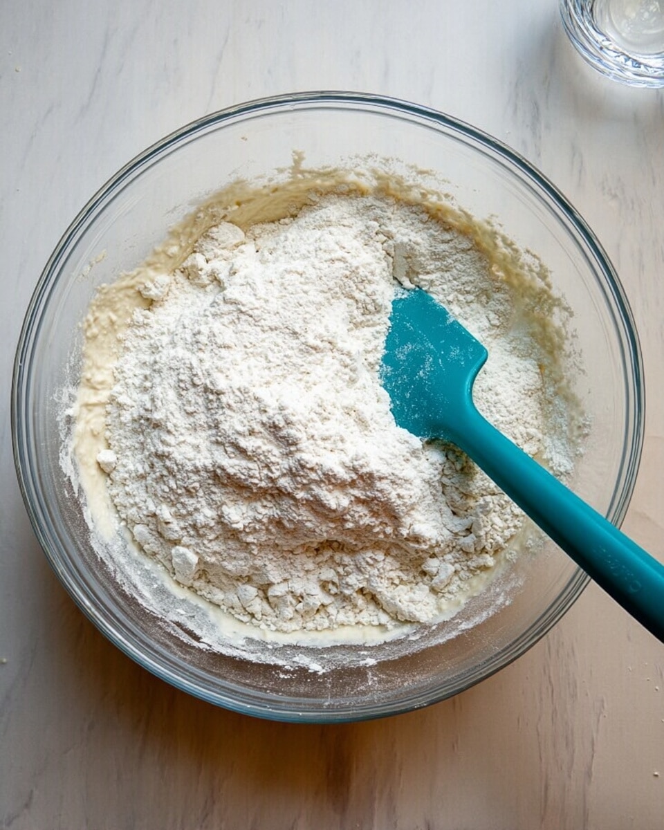 The image shows a clear glass bowl on a white marbled surface. Inside the bowl, there is a mixture with a thick base layer of wet batter that is pale and smooth. On top of this is a thick layer of dry white flour sprinkled unevenly, with a small area where the flour starts to mix into the batter. A teal spatula is resting inside the bowl, with its handle leaning to the right side. The spatula blade is partly covered by the flour and batter mixture. In the top right corner, there is a glimpse of a glass object that is out of focus. Photo taken with an iphone --ar 4:5 --v 7