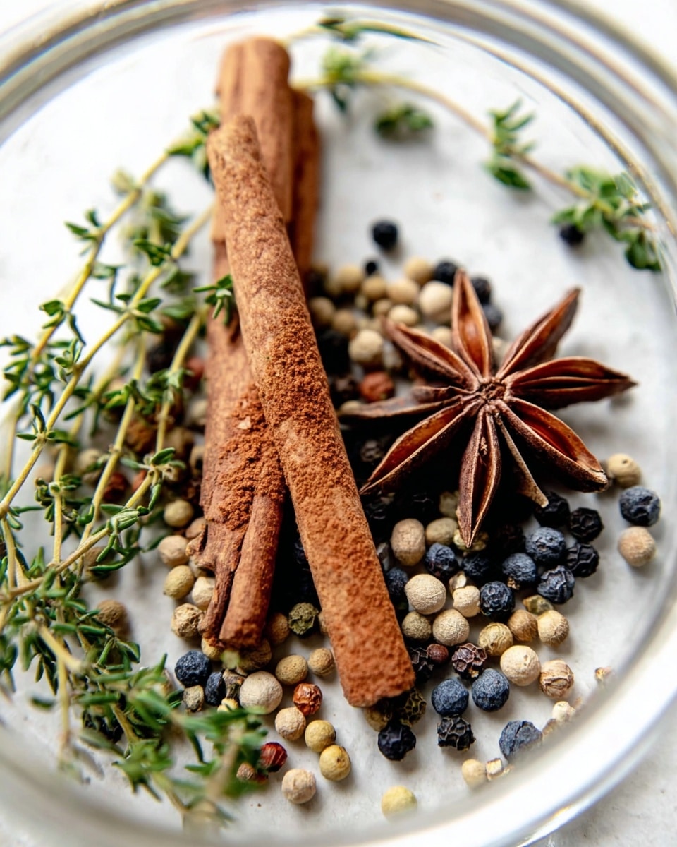 A close-up image of various spices and herbs arranged on a white plate with a white marbled texture background. Central in the image are two cinnamon sticks with a rough, brown texture standing upright. To the right of the cinnamon sticks is a star-shaped brown star anise with a crisp, dry appearance. Scattered around the spices are small, round peppercorns in shades of off-white, beige, and golden brown, along with dark blue juniper berries that have a slightly wrinkled surface. Fresh green thyme sprigs with tiny leaves and thin stems are spread across the plate, adding a touch of vibrant green to the composition. The photo taken with an iphone --ar 4:5 --v 7