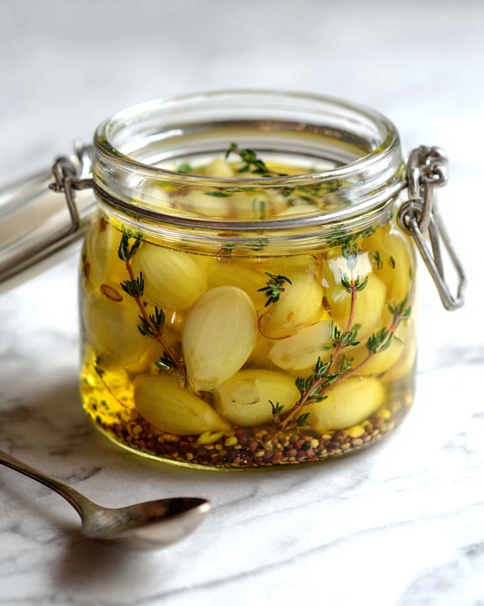 A clear glass jar filled with light yellow and pale green peeled cloves of garlic submerged in a golden-yellow liquid, mixed with sprigs of green thyme and small round seeds at the bottom; the jar has a metal clasp and is placed on a white marbled surface, with a metal spoon slightly out of focus in the foreground, photo taken with an iphone --ar 4:5 --v 7