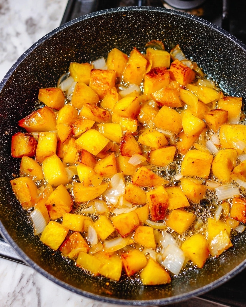 The image shows a close-up view of many roasted potato pieces in a black pan. The potatoes are cut into thick, uneven chunks mostly in golden yellow and orange-brown colors. Some pieces have crispy, dark brown edges showing a well-roasted texture, while others look softer and lighter. Scattered among the potatoes are small bits of translucent cooked onions with a shiny surface. The pan's inner surface is black with tiny white speckles, giving a textured, non-stick look. photo taken with an iphone --ar 4:5 --v 7