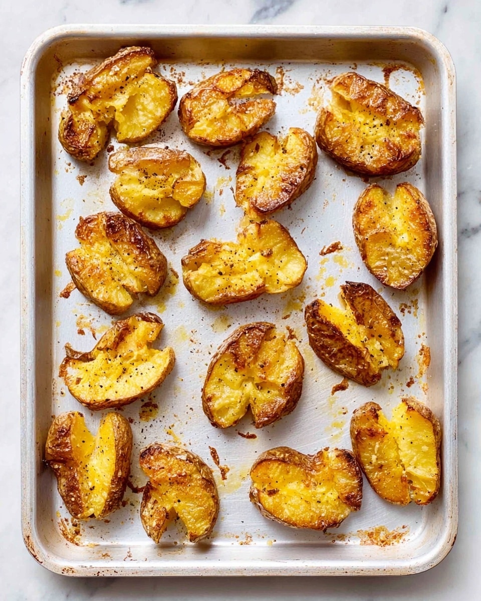 The image shows twelve browned and crispy roasted potato halves placed evenly on a white baking tray with some browned bits and a few specks of black pepper on them. Each potato half has a textured surface with a golden yellow and light brown color, showing some softness and a crunchy edge. The tray sits on a white marbled surface with a clean and bright look. photo taken with an iphone --ar 4:5 --v 7