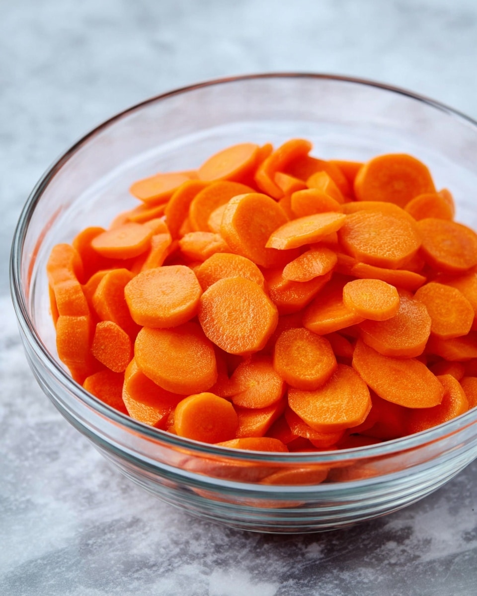 A clear glass bowl is filled with many slices of bright orange carrots. The carrots are cut into thin, round pieces, layered closely together, filling the bowl evenly to the top. The bowl is placed on a white marbled surface that has soft gray and white patterns. The whole image has natural, soft light highlighting the fresh, smooth texture of the carrot slices. Photo taken with an iphone --ar 4:5 --v 7