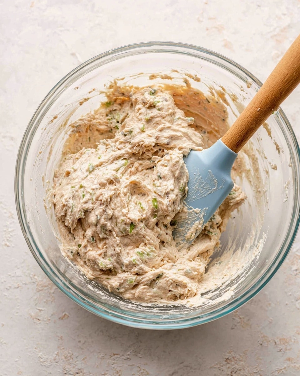 A clear glass bowl sits on a white marbled surface filled with a creamy mixture that has a light beige color with small green and darker brown bits scattered throughout. The texture looks thick and slightly chunky, indicating a blend of soft and firmer ingredients. A light blue spatula with a wooden handle is partially submerged in the mixture, resting in the bowl’s right side, with some of the mixture clinging to the spatula. Photo taken with an iphone --ar 4:5 --v 7