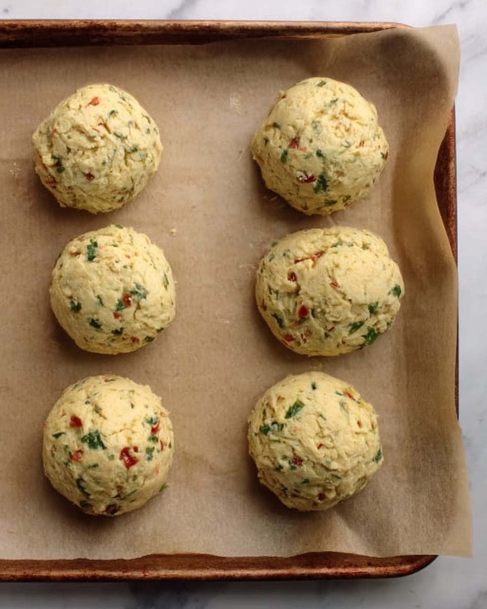 There are six round dough balls on a baking tray lined with light brown parchment paper. The dough is light yellow with visible small bits of green herbs and red pieces mixed inside. The balls look soft and slightly rough in texture, with some cracks on the surface. The tray is placed on a white marbled surface. photo taken with an iphone --ar 4:5 --v 7