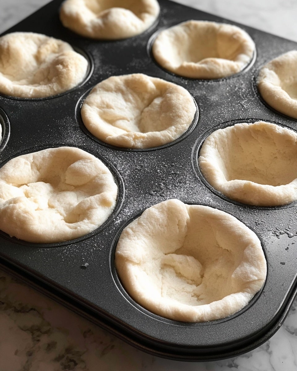 A dark metal muffin pan holds twelve unbaked dough cups, each shaped into rough, uneven bowls with thick, pale beige walls and soft, slightly textured surfaces. The dough cups sit spread evenly in the pan's round slots, with some cups showing small folds and indentations inside, creating an imperfect, rustic look. The pan itself has a shiny, slick coating with tiny light reflections and rests on a white marbled surface. photo taken with an iphone --ar 4:5 --v 7