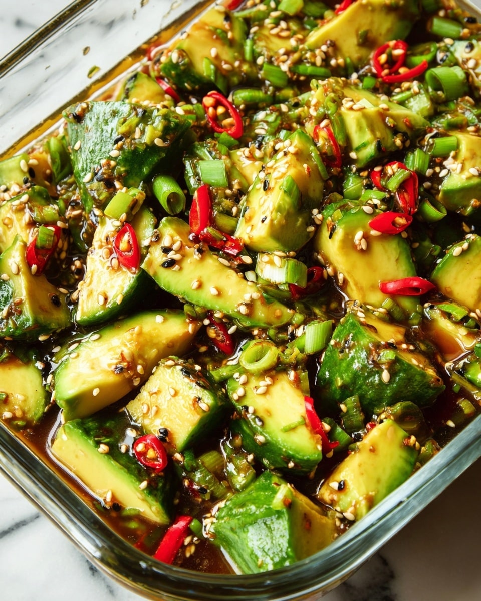 A glass dish filled with three main layers of food: large green avocado pieces with smooth skin and soft yellow interior, chunky cucumber pieces with dark green skin and light green center, and small sliced red chili peppers scattered throughout. The dish is covered with a glossy sauce speckled with white and black sesame seeds and finely chopped green onions. The sauce gives a shiny, thick texture over all the ingredients, pooling slightly in the dish. The background and surface under the dish show a white marbled texture. photo taken with an iphone --ar 4:5 --v 7