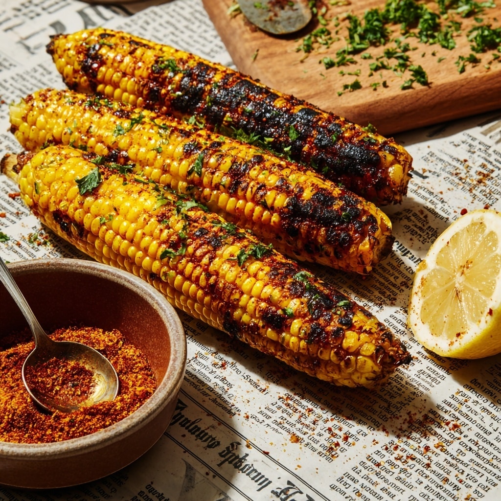 Three pieces of grilled corn with charred black and golden yellow kernels sit closely on a surface covered with newspaper cloth, sprinkled with bright green chopped herbs and a reddish spice powder. To the right, a white marbled lemon wedge with grill marks and herbs rests beside a wooden cutting board with scattered green herbs. In the foreground, a brown ceramic bowl contains a coarse reddish spice mixture with a small spoon inside. The scene is vibrant with warm colors and a casual, rustic feel. photo taken with an iphone --ar 4:5 --v 7