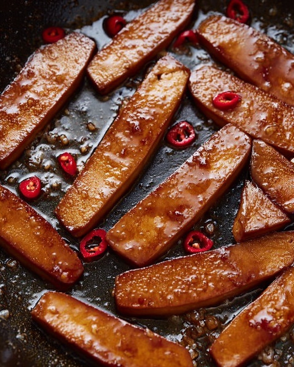 The image shows a close-up of several long, thin slices of brown tofu frying in a black pan, each piece shiny with a glaze that makes them look moist and slightly sticky. Small red chili slices are scattered evenly among the tofu slices, adding a touch of bright red contrast on the dark pan surface. The tofu slices have a smooth texture with a slight golden tint on some edges, hinting they are cooking. The overall look is warm and appetizing. Photo taken with an iphone --ar 4:5 --v 7