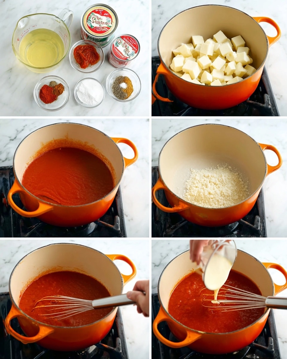 A sequence of six images shows the process of making a red sauce in an orange cooking pot on a stove with a white marbled background. The first image displays the ingredients laid out: a clear measuring cup with light yellow liquid, a white bowl with cubed butter, a can of tomato puree, a glass bowl with mixed spices in red, white, and black powders, and a bowl of white flour. The second image shows small white butter cubes melting in the orange pot. The third and fourth images show a woman’s hand whisking a smooth pale cream mixture and then adding the mixed spices into the pot. The fifth image shows the tomato puree being added to the orange pot with the woman’s hand stirring softly. The final image shows the sauce thickening into a rich, smooth red mixture being stirred with the whisk inside the pot. photo taken with an iphone --ar 4:5 --v 7