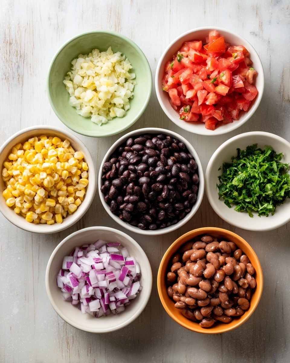 There are six small white bowls and one small pale green bowl on a white marbled surface. Starting from top left, the first white bowl has minced garlic, the pale green bowl below it holds yellow corn kernels, and below that is a white bowl with chopped green herbs. At the center is a white bowl filled with black beans. To the right of the black beans, a white bowl contains diced red tomatoes, and below that is an orange bowl with finely chopped purple onions. In the center bottom is a white bowl filled with cooked brown beans. photo taken with an iphone --ar 4:5 --v 7
