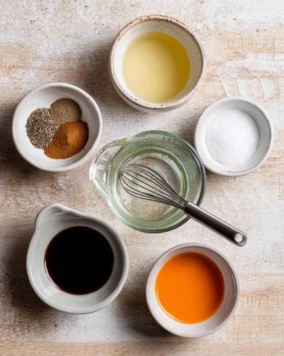 The image shows five small white bowls and one clear glass measuring cup arranged on a light wooden surface. The glass measuring cup is in the center with a small whisk inside. Clockwise around it, starting at the top left, there is a white bowl with a mix of brown spices, black pepper, and salt. Above it, a white bowl holds a pale yellow liquid. At the top right, a white bowl contains white granulated sugar. Below it, another white bowl is filled with a bright orange liquid, and to the left of that, a white bowl holds a thick dark sauce. The surface beneath is a white marbled texture. photo taken with an iphone --ar 4:5 --v 7