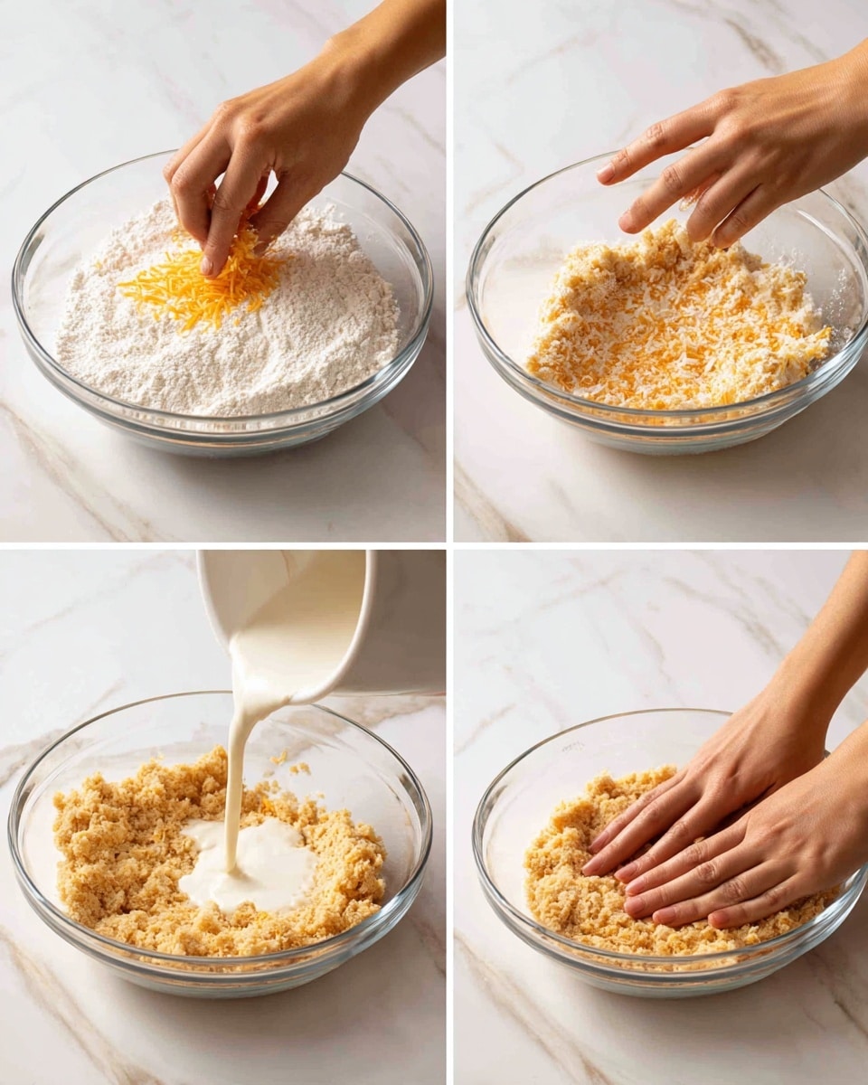 A set of four photos showing the process of making dough in a clear glass bowl on a white marbled surface. The first photo shows a woman's hand grating orange cheese over white flour in the bowl. In the second photo, two woman's hands are mixing the cheese and flour together, creating a crumbly texture with a mix of white and orange colors. The third photo shows a creamy white liquid being poured by a woman's hand into the crumbly mixture in the bowl. In the last photo, two woman's hands are pressing and folding the dough, which is orange and crumbly, on the white marbled surface. photo taken with an iphone --ar 4:5 --v 7